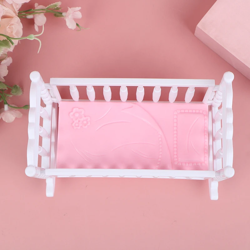 Light Pink Doll Crib Cradle, White Baby Shaker Bed, Doll House Toy Accessories