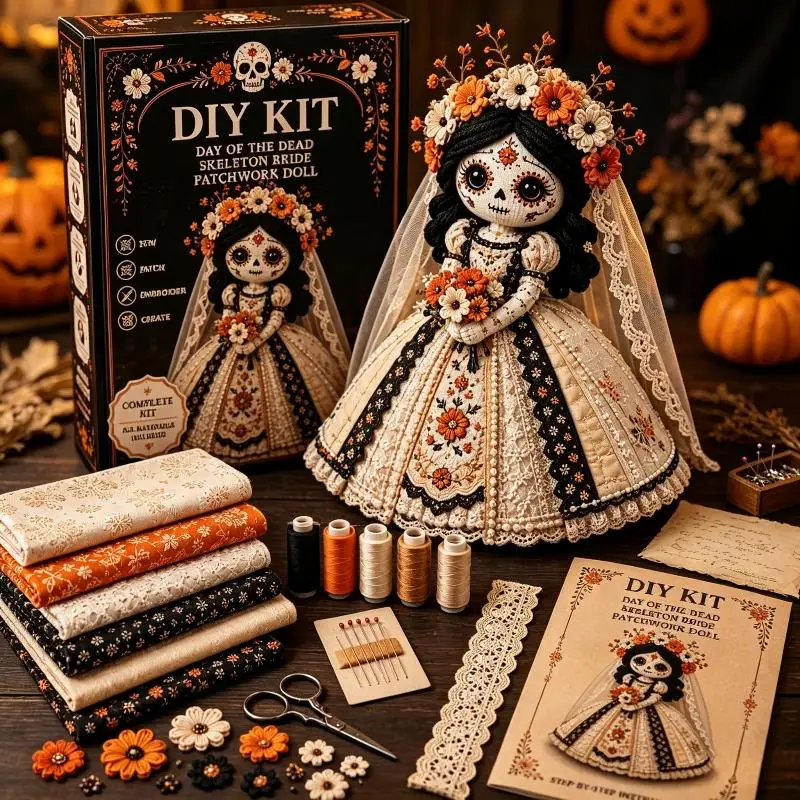 Day Of The Dead Patchwork Doll Making Kit With Felt Pieces Plastic Needle Hand Sewing Craft Set Beginner DIY For Doll Lover Gift