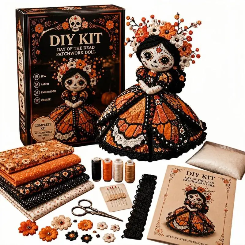 Day Of The Dead Patchwork Doll Making Kit With Felt Pieces Plastic Needle Hand Sewing Craft Set Beginner DIY For Doll Lover Gift