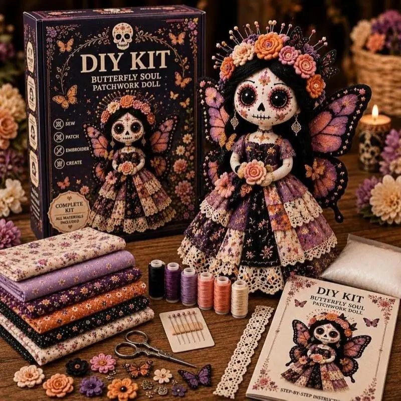 Day Of The Dead Patchwork Doll Making Kit With Felt Pieces Plastic Needle Hand Sewing Craft Set Beginner DIY For Doll Lover Gift