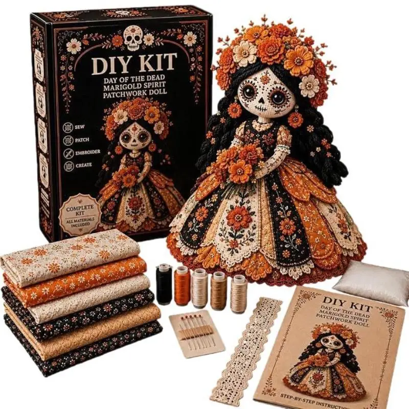 Day Of The Dead Patchwork Doll Making Kit With Felt Pieces Plastic Needle Hand Sewing Craft Set Beginner DIY For Doll Lover Gift