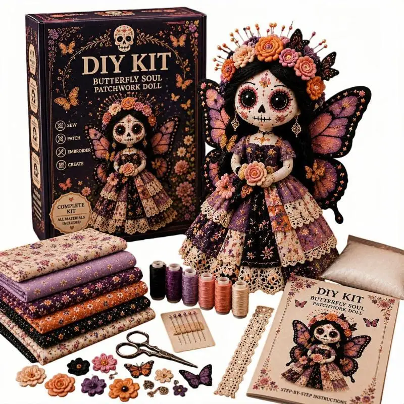 Day Of The Dead Patchwork Doll Making Kit With Felt Pieces Plastic Needle Hand Sewing Craft Set Beginner DIY For Doll Lover Gift