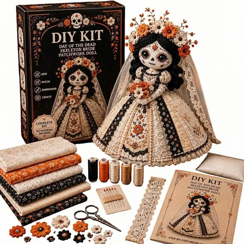 Day Of The Dead Patchwork Doll Making Kit With Felt Pieces Plastic Needle Hand Sewing Craft Set Beginner DIY For Doll Lover Gift