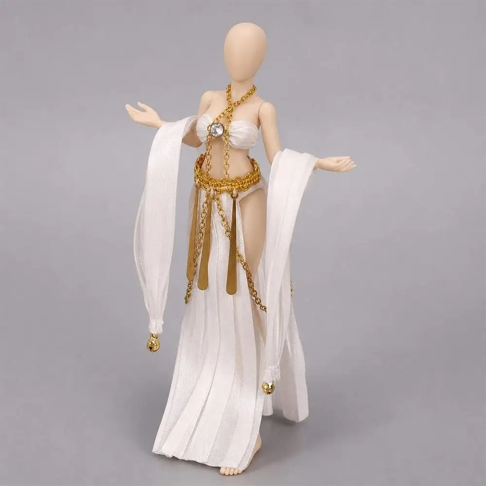 Fabric Doll Clothing Set Metal Chain Accents Draped Sleeve Style Doll Princess Outfit Pleated Skirt White and Gold
