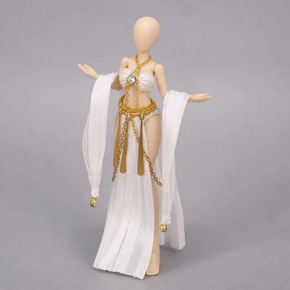 Fabric Doll Clothing Set Metal Chain Accents Draped Sleeve Style Doll Princess Outfit Pleated Skirt White and Gold