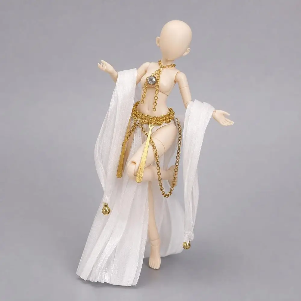 Fabric Doll Clothing Set Metal Chain Accents Draped Sleeve Style Doll Princess Outfit Pleated Skirt White and Gold