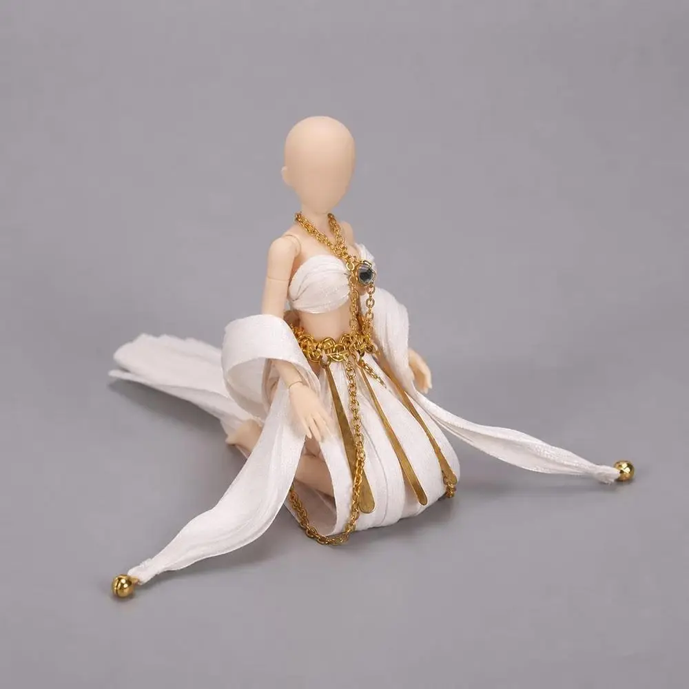 Fabric Doll Clothing Set Metal Chain Accents Draped Sleeve Style Doll Princess Outfit Pleated Skirt White and Gold