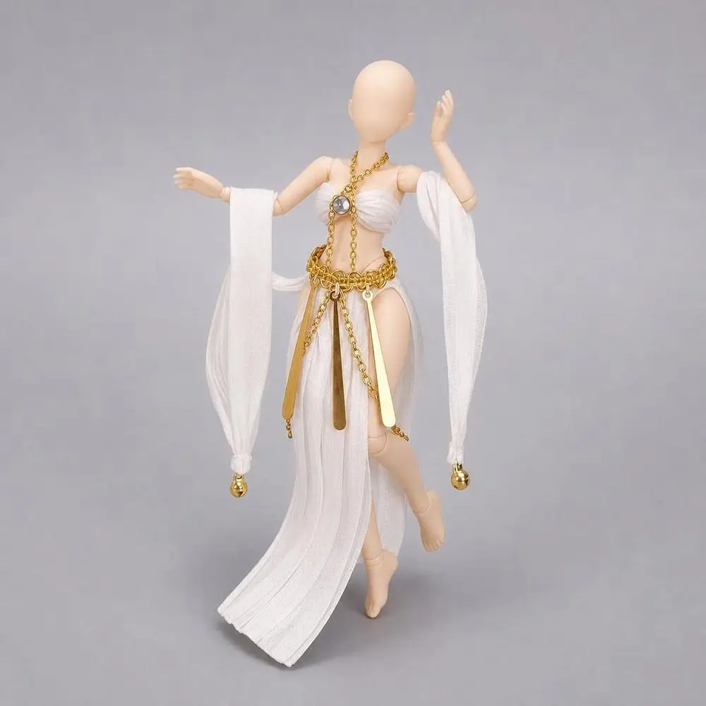 Fabric Doll Clothing Set Metal Chain Accents Draped Sleeve Style Doll Princess Outfit Pleated Skirt White and Gold