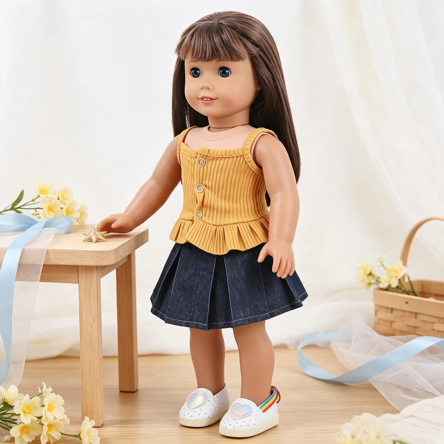 Doll Clothes Set Ribbed Cami Top Denim Pleated Skirt + Heart Shoes Outfit Fit 18 Inch American & OG Girl Dolls Toy Accessories