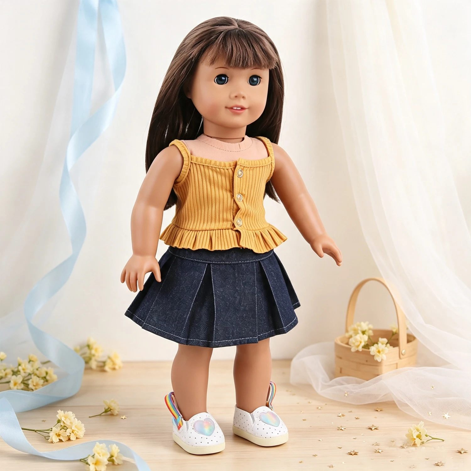 Doll Clothes Set Ribbed Cami Top Denim Pleated Skirt + Heart Shoes Outfit Fit 18 Inch American & OG Girl Dolls Toy Accessories