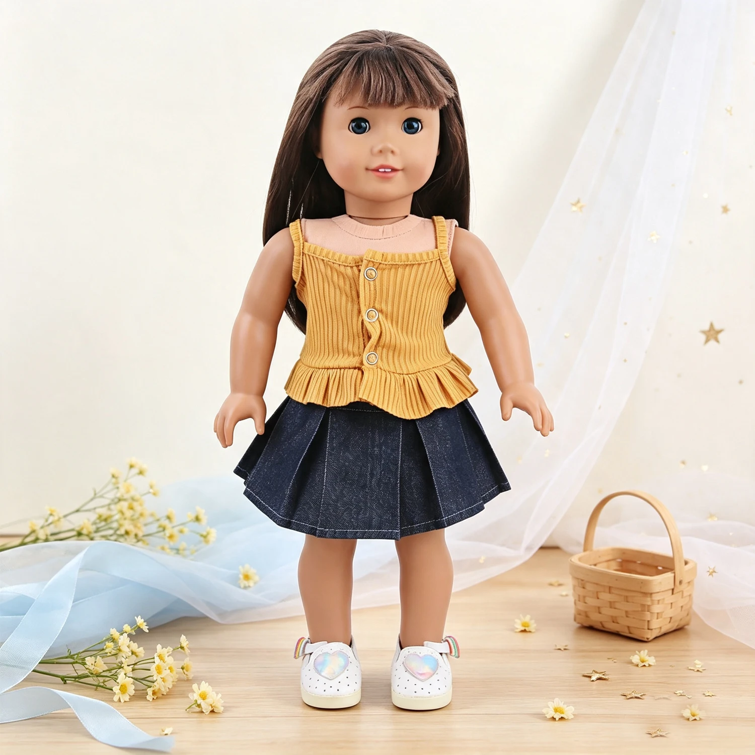 Doll Clothes Set Ribbed Cami Top Denim Pleated Skirt + Heart Shoes Outfit Fit 18 Inch American & OG Girl Dolls Toy Accessories
