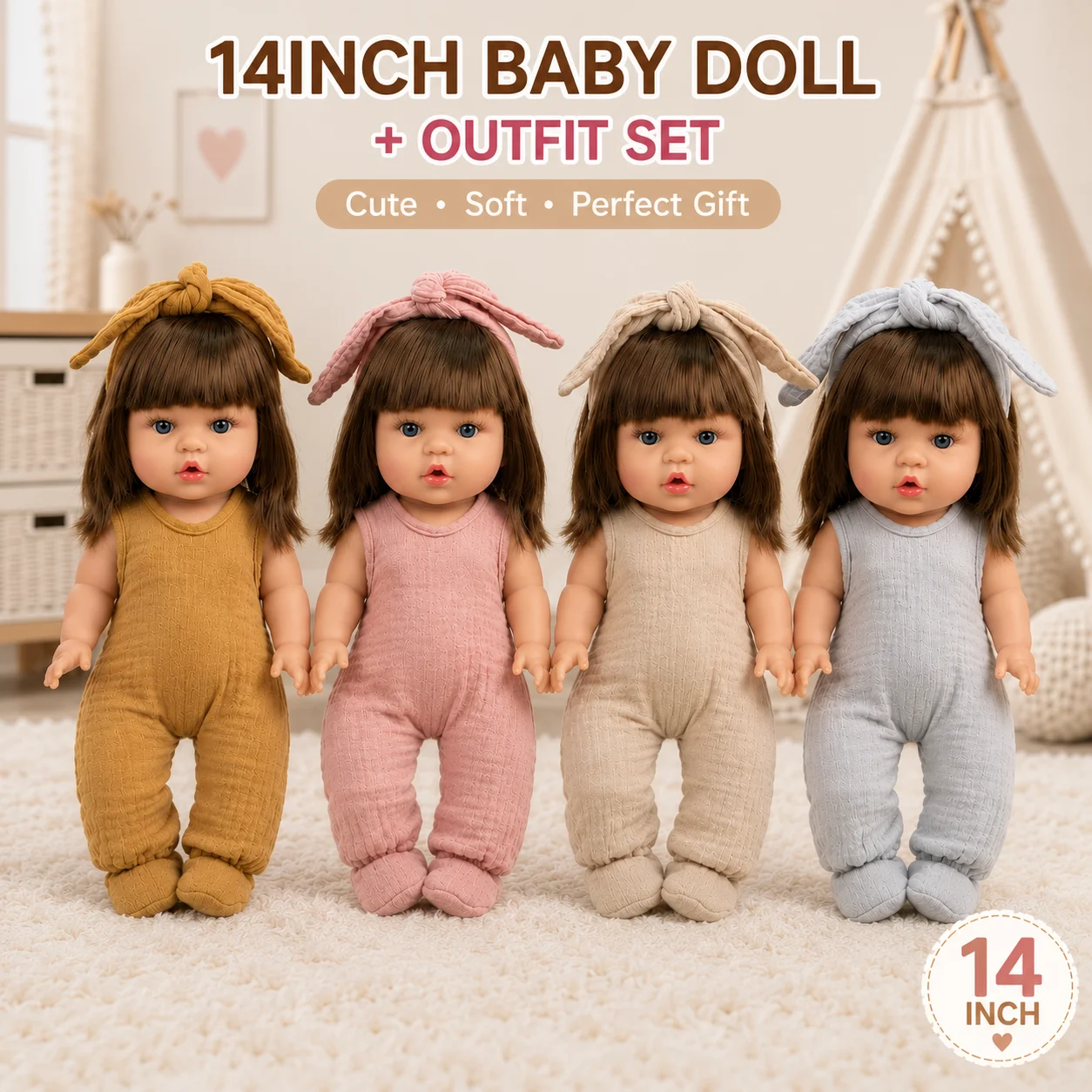 14 Inch 35cm Reborn Baby Doll with Outfit Set American Girl Doll Soft Body Lifelike Vinyl Doll Toy Birthday Gift for Kids Girls