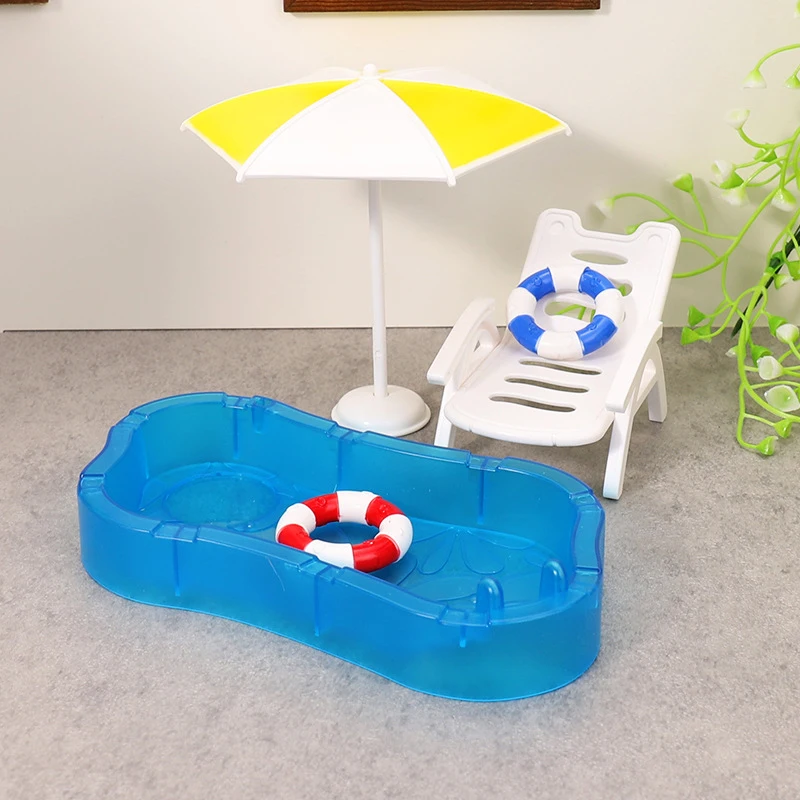 Children's Doll House Play Set with Cute Mini Swimming Pool Beach Chair & Swimming Circle - DIY Decoration Model Toy Kit