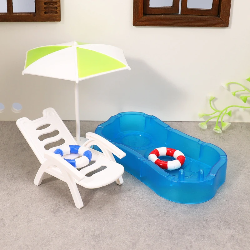 Children's Doll House Play Set with Cute Mini Swimming Pool Beach Chair & Swimming Circle - DIY Decoration Model Toy Kit