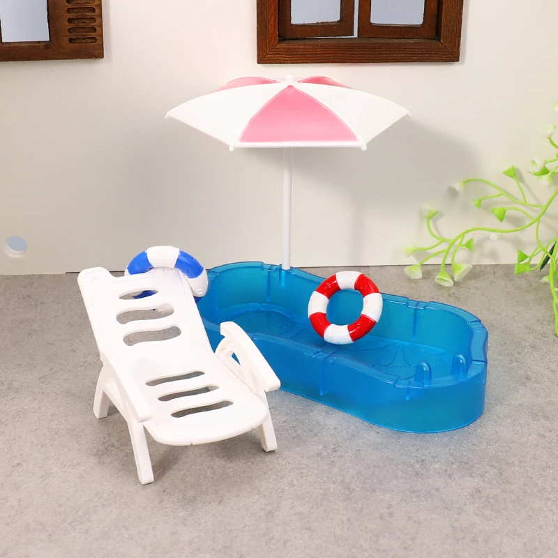 Children's Doll House Play Set with Cute Mini Swimming Pool Beach Chair & Swimming Circle - DIY Decoration Model Toy Kit