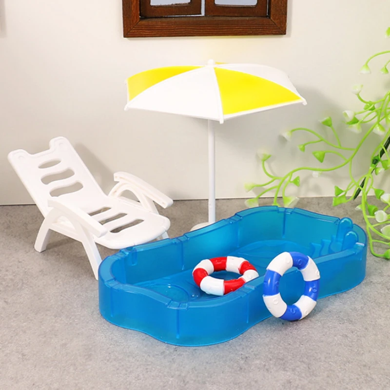 Children's Doll House Play Set with Cute Mini Swimming Pool Beach Chair & Swimming Circle - DIY Decoration Model Toy Kit