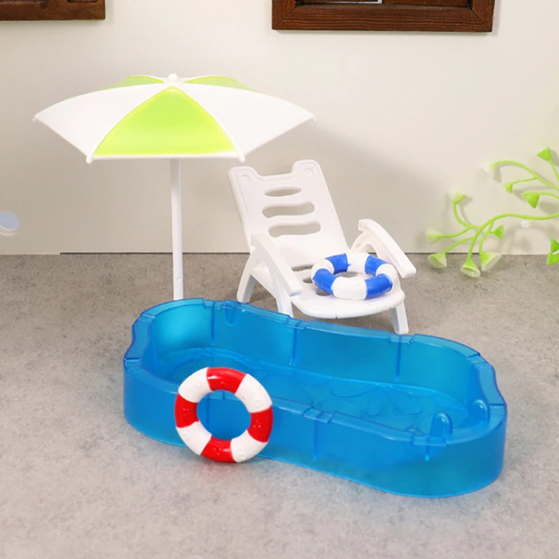 Children's Doll House Play Set with Cute Mini Swimming Pool Beach Chair & Swimming Circle - DIY Decoration Model Toy Kit