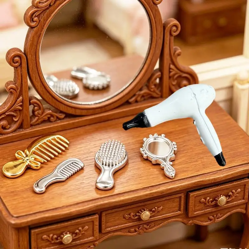 Hot 1Set 1:12 Dollhouse Mini Hair Styling Set Hair Dryer Comb Mirror Mini Furniture Bedroom Scene Pretend Play Table Miniature