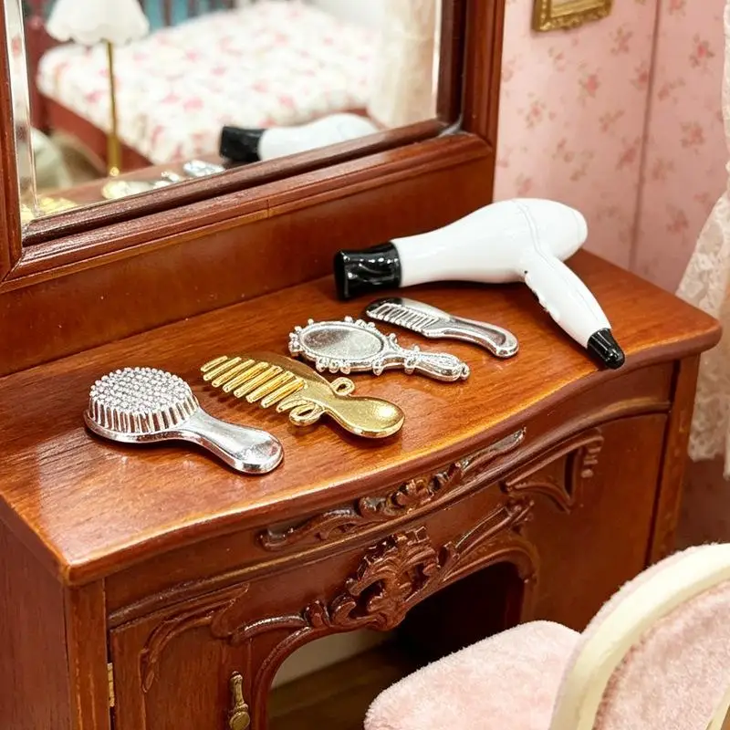 Hot 1Set 1:12 Dollhouse Mini Hair Styling Set Hair Dryer Comb Mirror Mini Furniture Bedroom Scene Pretend Play Table Miniature