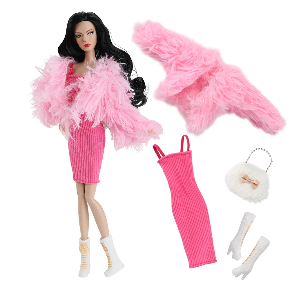 1/6 Doll Clothes Accessories Fashion Elegant Winter Faux Fur Coat+Sweet Princess Dress+Shoes+Bag For 30cm Babi Supermodel Doll