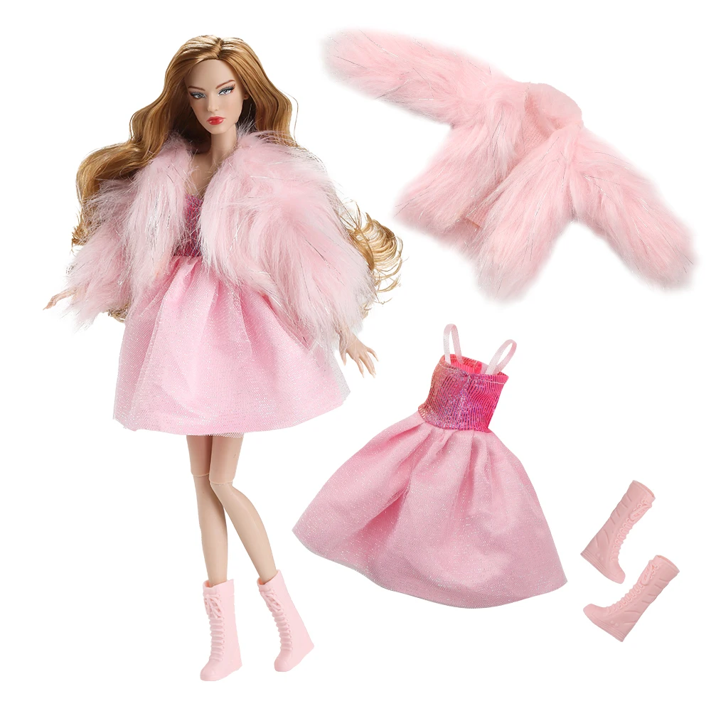 1/6 Doll Clothes Accessories Fashion Elegant Winter Faux Fur Coat+Sweet Princess Dress+Shoes+Bag For 30cm Babi Supermodel Doll