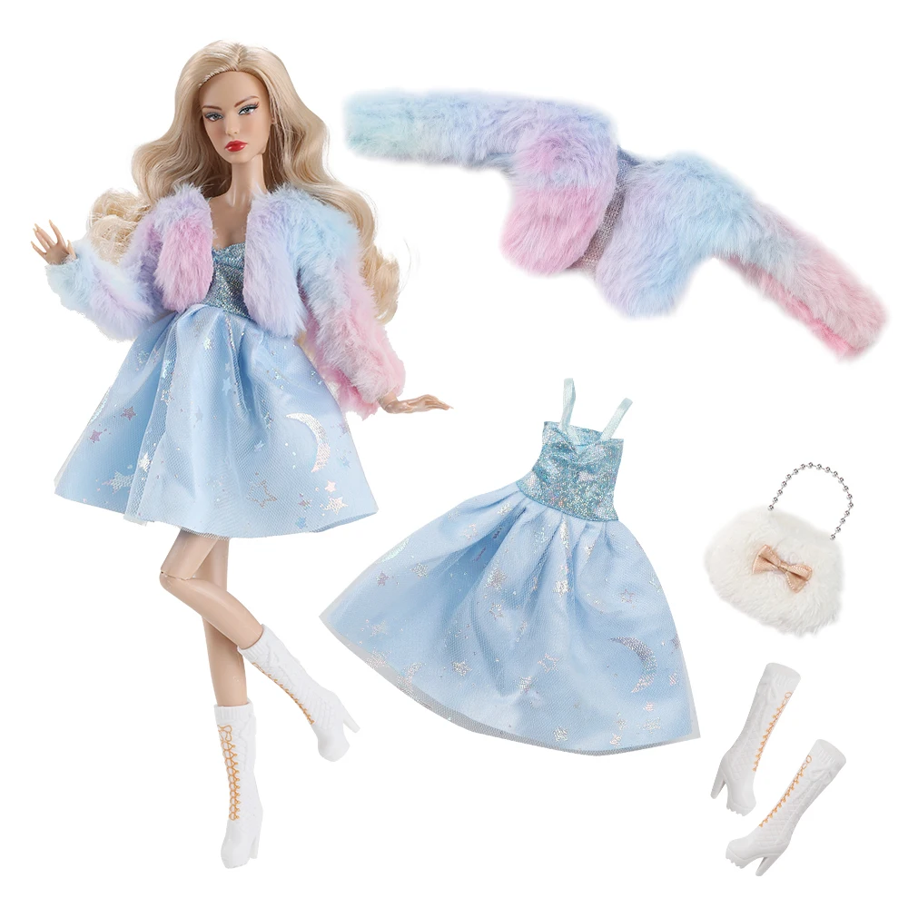 1/6 Doll Clothes Accessories Fashion Elegant Winter Faux Fur Coat+Sweet Princess Dress+Shoes+Bag For 30cm Babi Supermodel Doll