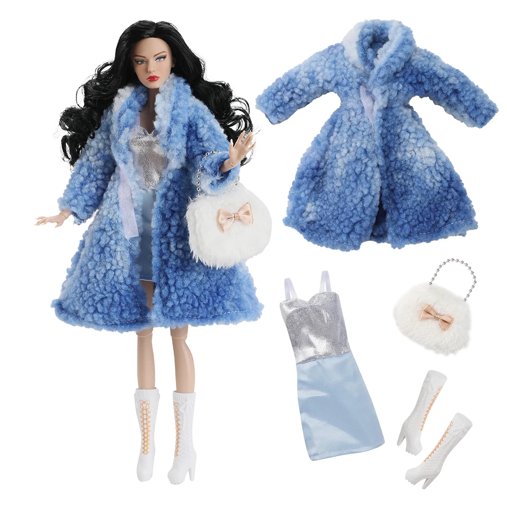 1/6 Doll Clothes Accessories Fashion Elegant Winter Faux Fur Coat+Sweet Princess Dress+Shoes+Bag For 30cm Babi Supermodel Doll
