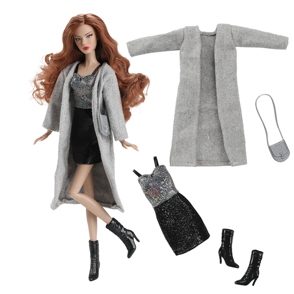 1/6 Doll Clothes Accessories Fashion Elegant Winter Faux Fur Coat+Sweet Princess Dress+Shoes+Bag For 30cm Babi Supermodel Doll
