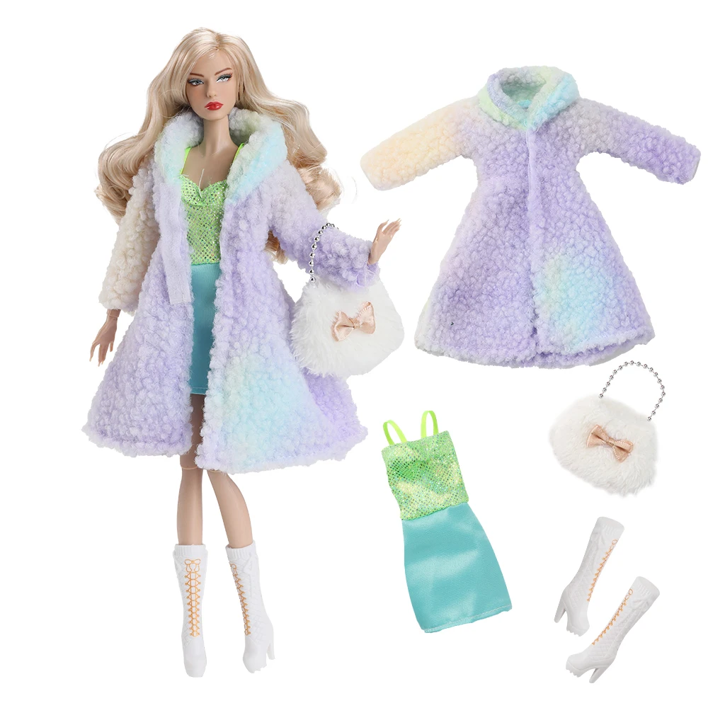 1/6 Doll Clothes Accessories Fashion Elegant Winter Faux Fur Coat+Sweet Princess Dress+Shoes+Bag For 30cm Babi Supermodel Doll