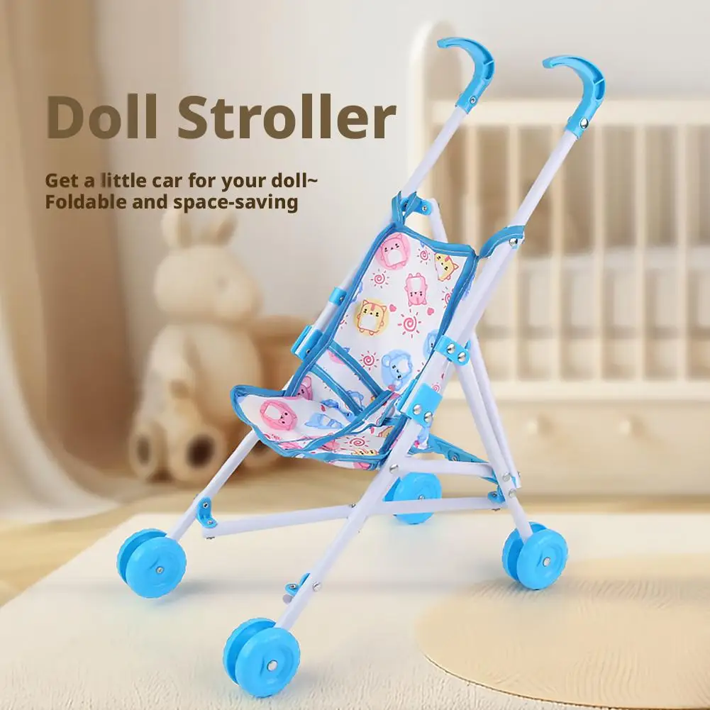 Doll Stroller Pink Baby Pram Trolley Interactive Handcart Foldable Carriage Pretend Play Toy Nursery House Furniture Girls Gifts