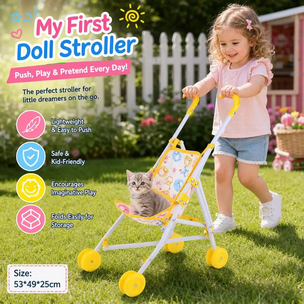 Doll Stroller Pink Baby Pram Trolley Interactive Handcart Foldable Carriage Pretend Play Toy Nursery House Furniture Girls Gifts