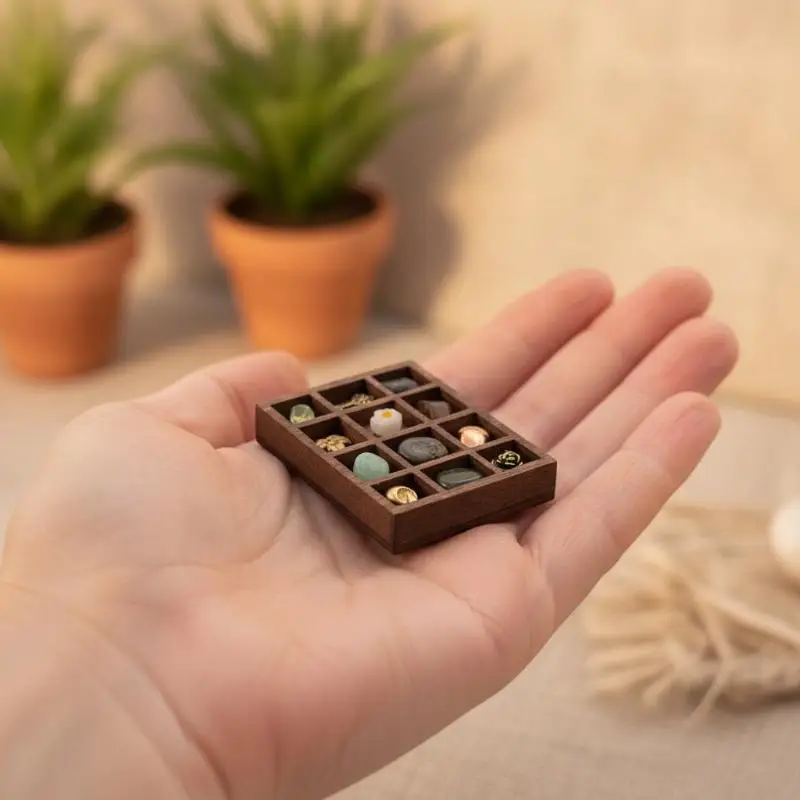 Wooden Mini Jewelry Holder Miniature Crystal Ore Specimen Storage Jewelry Display Tray Multi Compartments Dollhouse Shelf