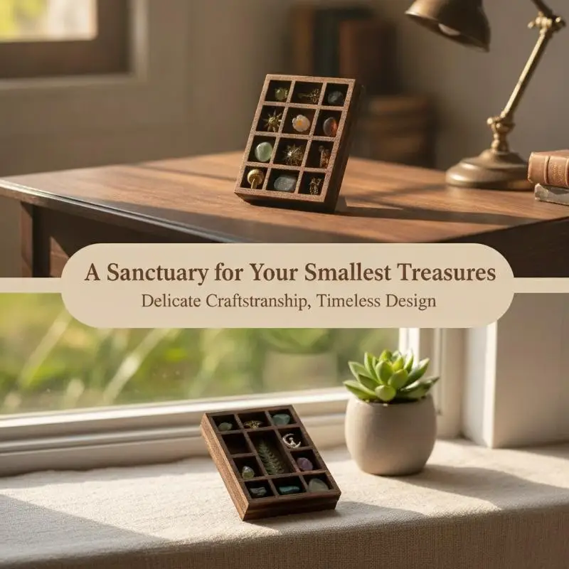 Wooden Mini Jewelry Holder Miniature Crystal Ore Specimen Storage Jewelry Display Tray Multi Compartments Dollhouse Shelf