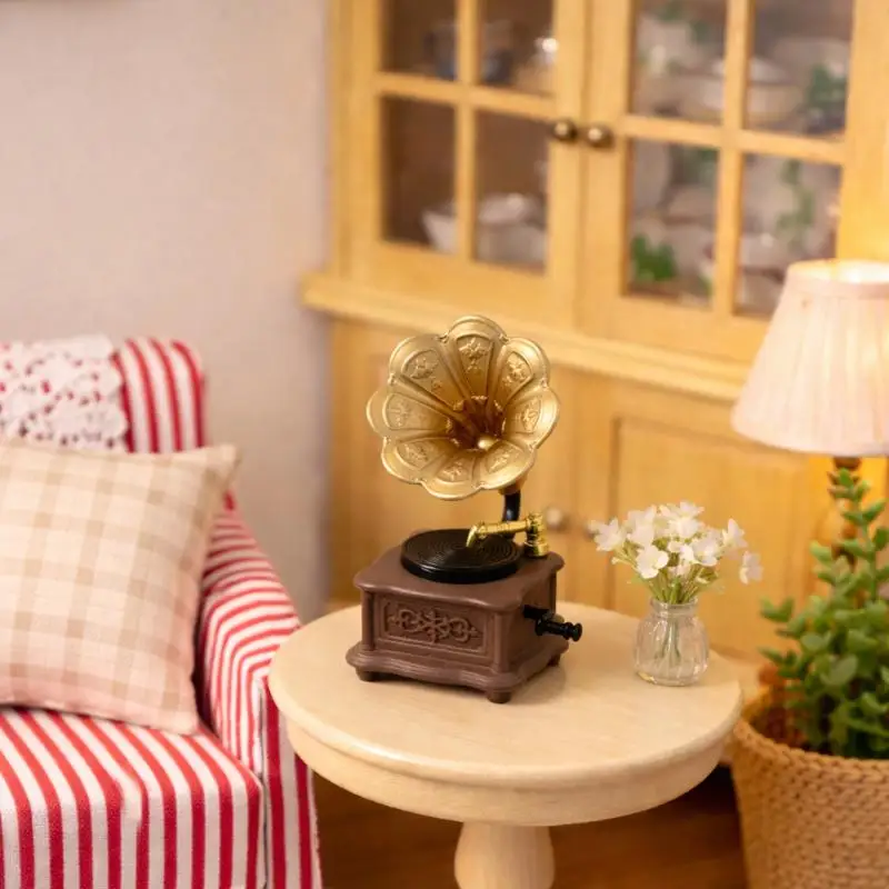 Dollhouse Vintage Phonograph Miniature 1Pcs Realistic Detail Home Living Room Scene Old Style Decoration