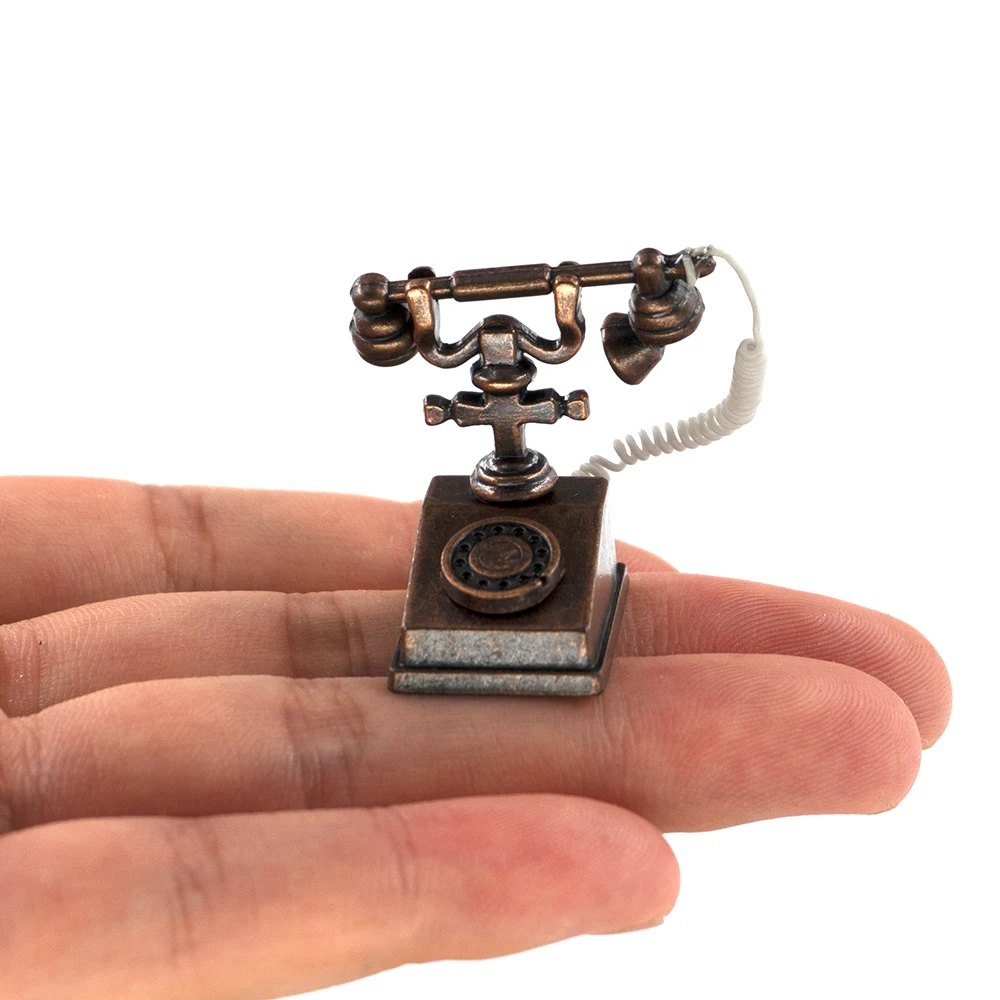 1/12 Dollhouse Miniature Accessories Mini Alloy Antique Telephone  Simulation Furniture Retro Model Toys for Doll House Decor