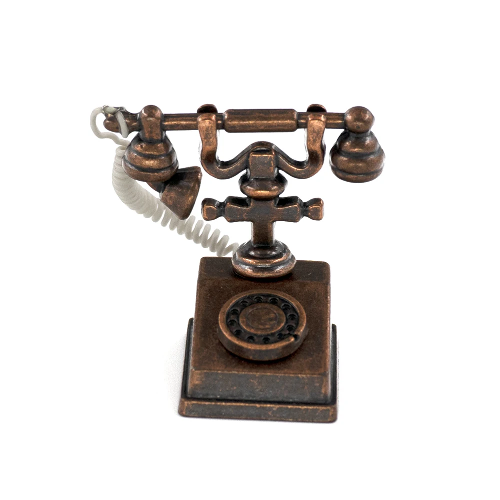 1/12 Dollhouse Miniature Accessories Mini Alloy Antique Telephone  Simulation Furniture Retro Model Toys for Doll House Decor