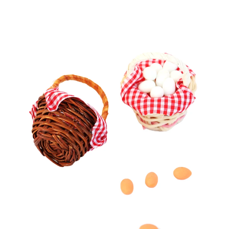 1Set 1:12 Dollhouse Miniature Egg Basket Red Plaid Duck Egg Frame Kitchen Food Model Pretend Play Toy Dollhouse Accessories