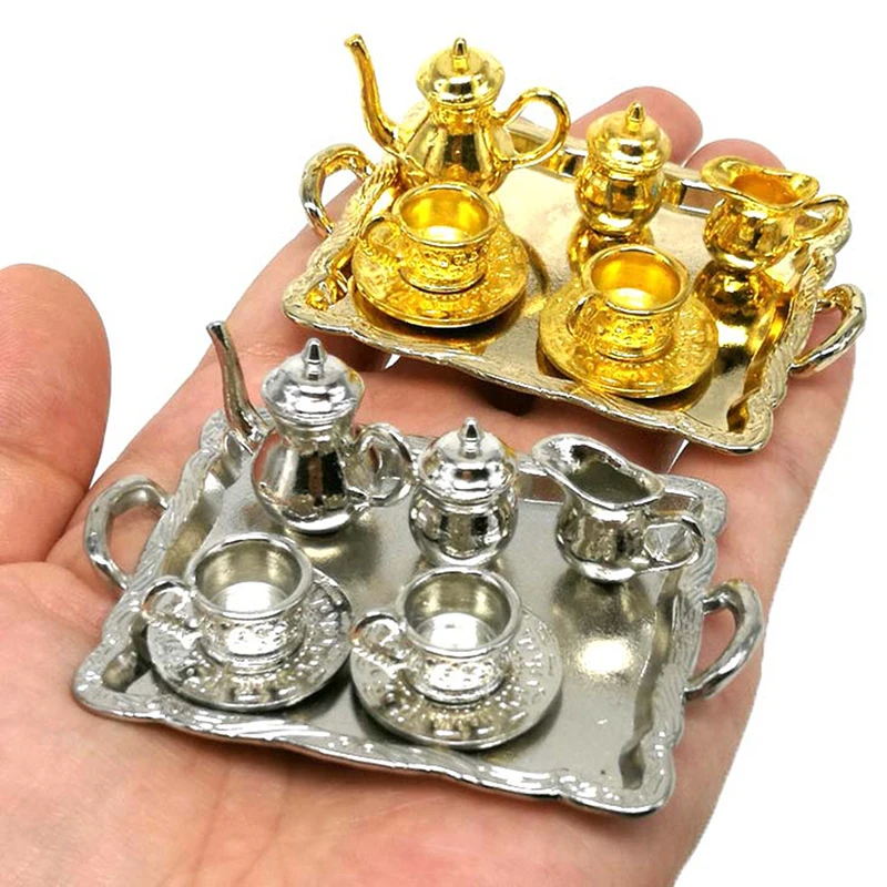 1:12 Doll House Miniature Metal Tea Set/Wine Set Model Doll House Furniture Miniature Dining Ware Toy Teapot Cup Plate