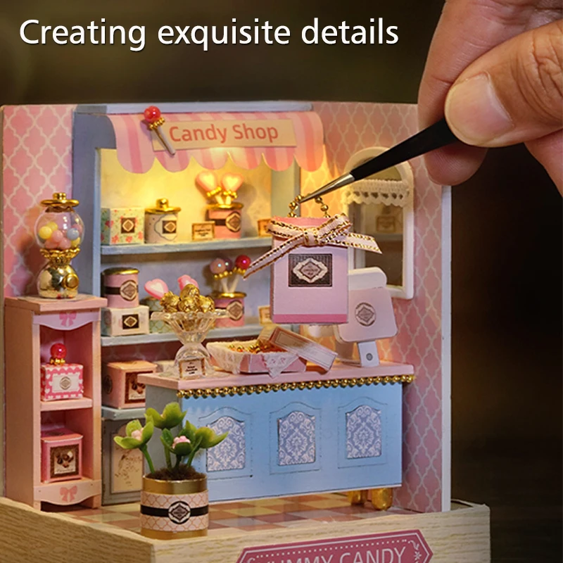 Wooden Mini Doll Houses DIY Handmade 3D Puzzle Assembly Building Kits With Furniture LED Coffee Store Dollhouse Toys For Gift