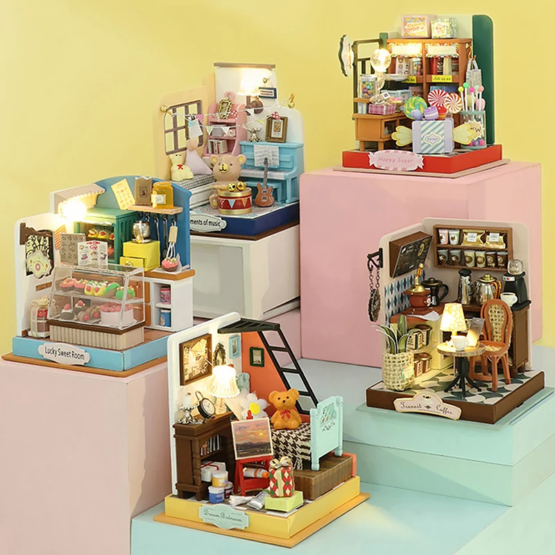 Wooden Mini Doll Houses DIY Handmade 3D Puzzle Assembly Building Kits With Furniture LED Coffee Store Dollhouse Toys For Gift