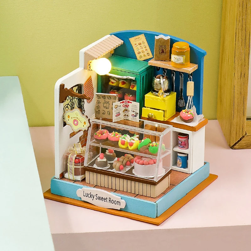 Wooden Mini Doll Houses DIY Handmade 3D Puzzle Assembly Building Kits With Furniture LED Coffee Store Dollhouse Toys For Gift