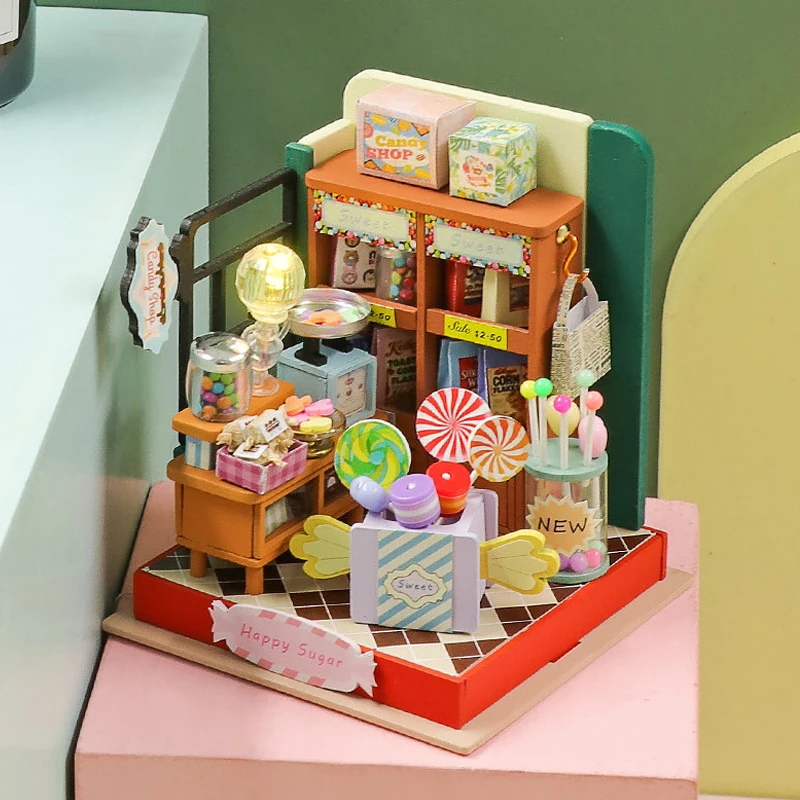 Wooden Mini Doll Houses DIY Handmade 3D Puzzle Assembly Building Kits With Furniture LED Coffee Store Dollhouse Toys For Gift