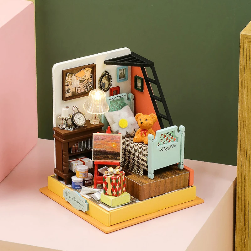 Wooden Mini Doll Houses DIY Handmade 3D Puzzle Assembly Building Kits With Furniture LED Coffee Store Dollhouse Toys For Gift