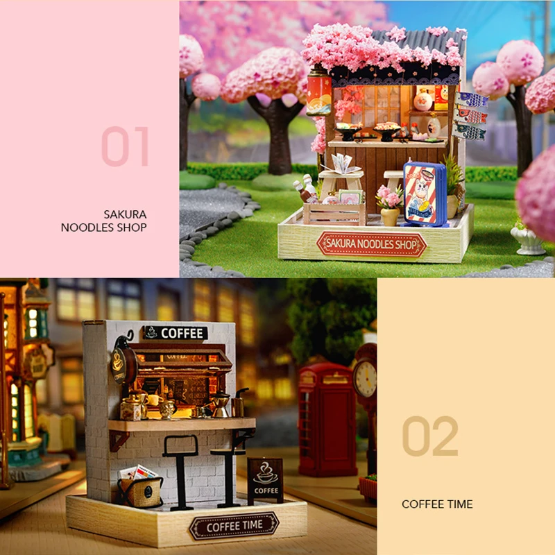 Wooden Mini Doll Houses DIY Handmade 3D Puzzle Assembly Building Kits With Furniture LED Coffee Store Dollhouse Toys For Gift
