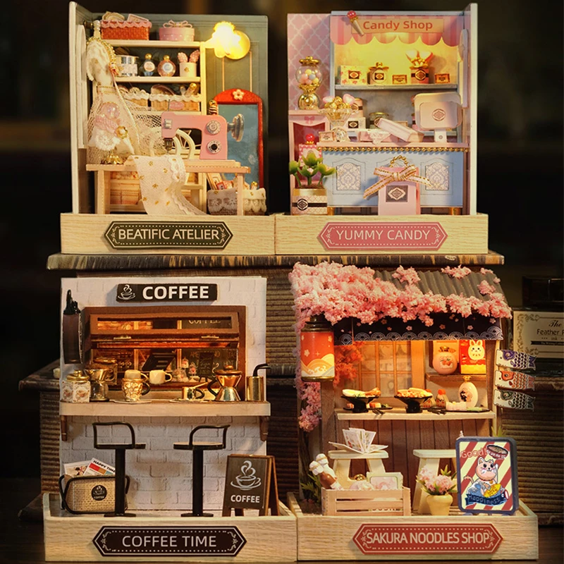 Wooden Mini Doll Houses DIY Handmade 3D Puzzle Assembly Building Kits With Furniture LED Coffee Store Dollhouse Toys For Gift