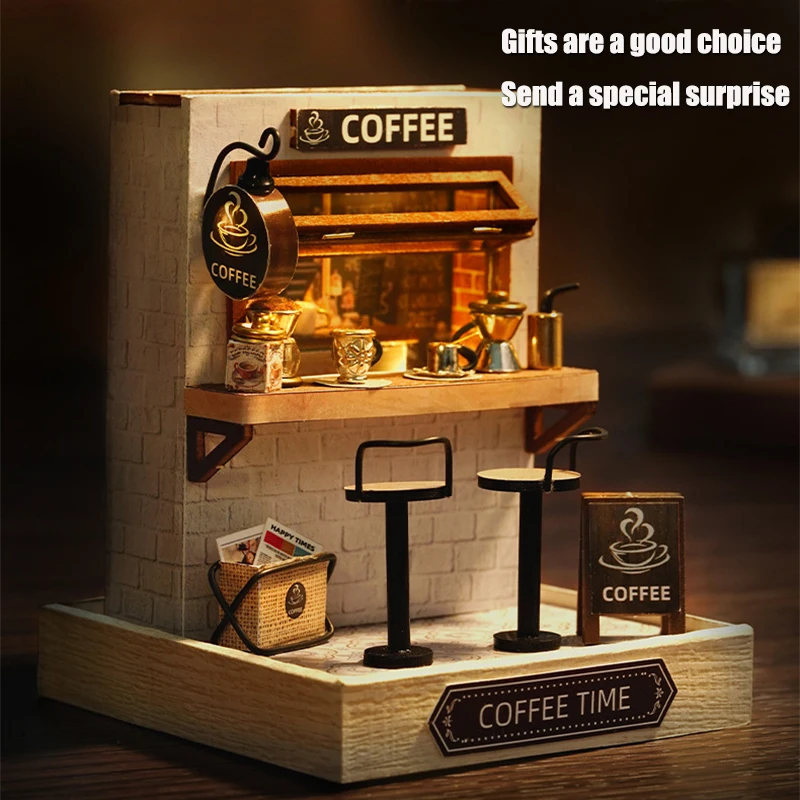 Wooden Mini Doll Houses DIY Handmade 3D Puzzle Assembly Building Kits With Furniture LED Coffee Store Dollhouse Toys For Gift