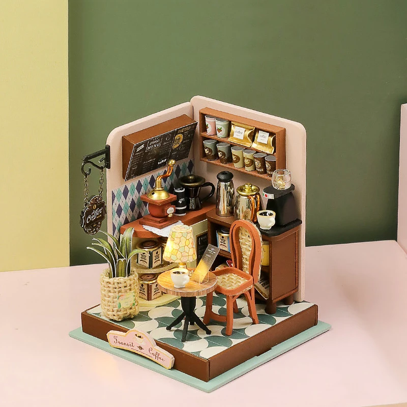 Wooden Mini Doll Houses DIY Handmade 3D Puzzle Assembly Building Kits With Furniture LED Coffee Store Dollhouse Toys For Gift