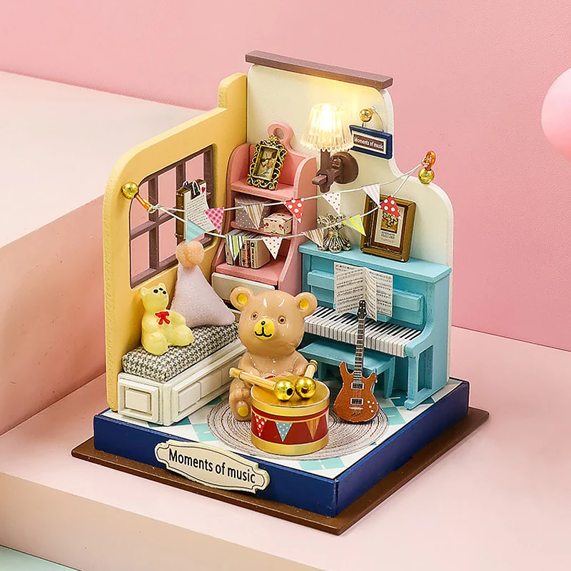 Wooden Mini Doll Houses DIY Handmade 3D Puzzle Assembly Building Kits With Furniture LED Coffee Store Dollhouse Toys For Gift