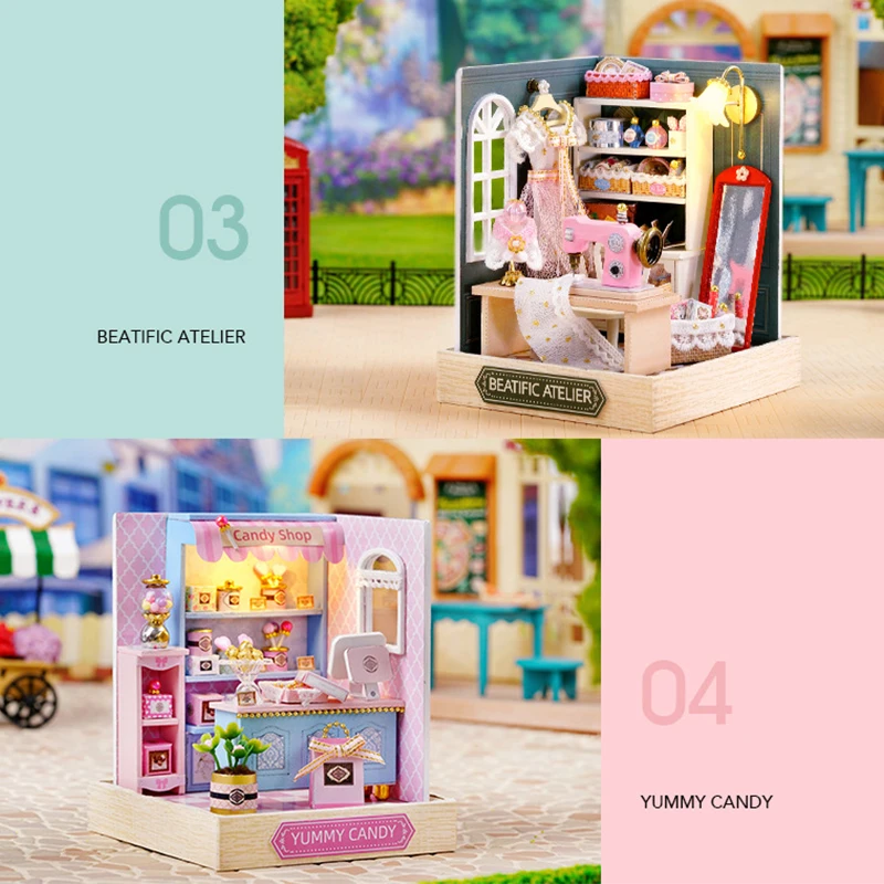 Wooden Mini Doll Houses DIY Handmade 3D Puzzle Assembly Building Kits With Furniture LED Coffee Store Dollhouse Toys For Gift
