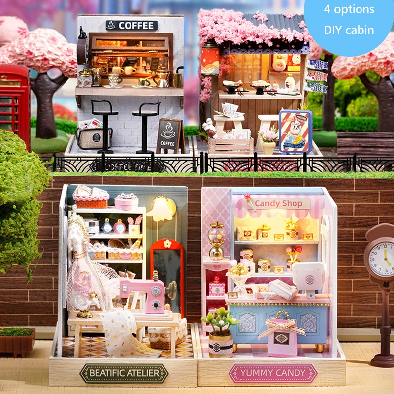 Wooden Mini Doll Houses DIY Handmade 3D Puzzle Assembly Building Kits With Furniture LED Coffee Store Dollhouse Toys For Gift
